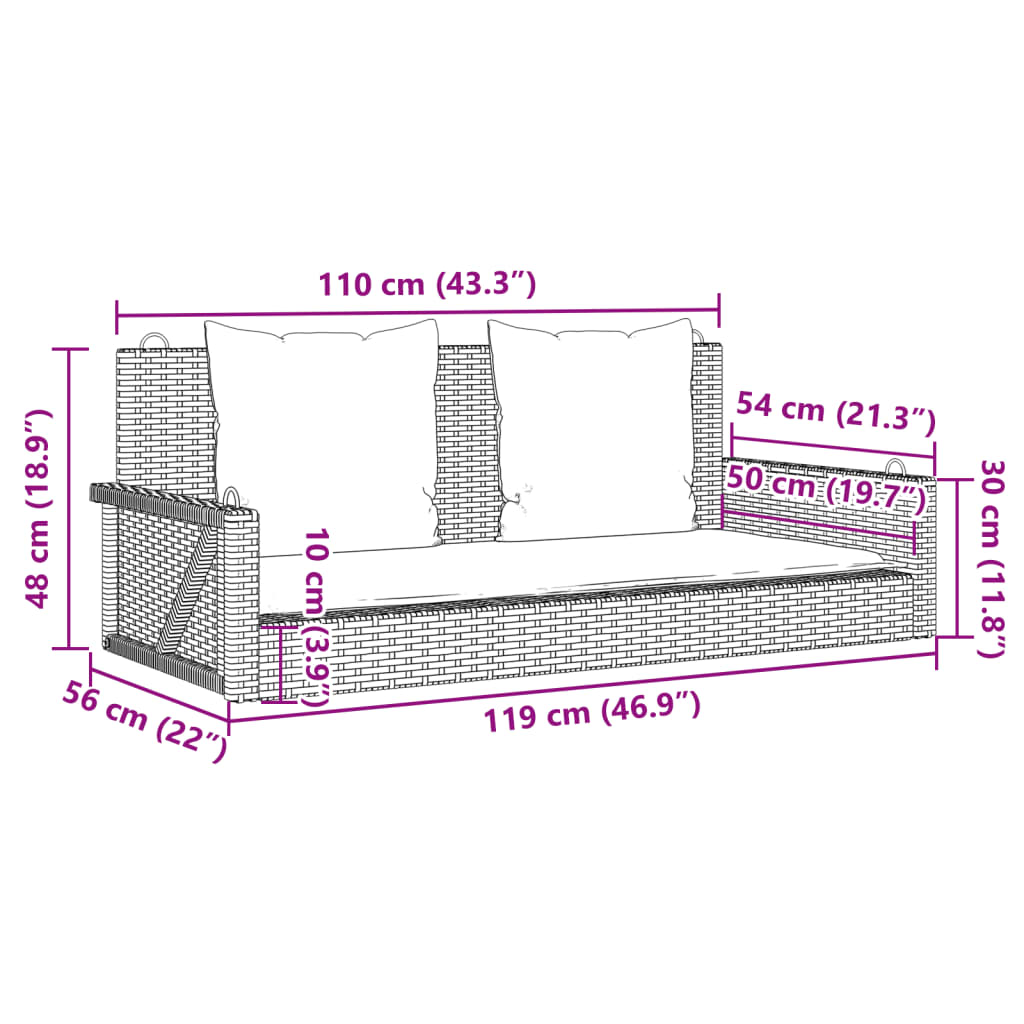 vidaXL Παγκάκι Κουνιστό Γκρι 119x56x48εκ. Συνθετικό Ρατάν με Μαξιλάρια