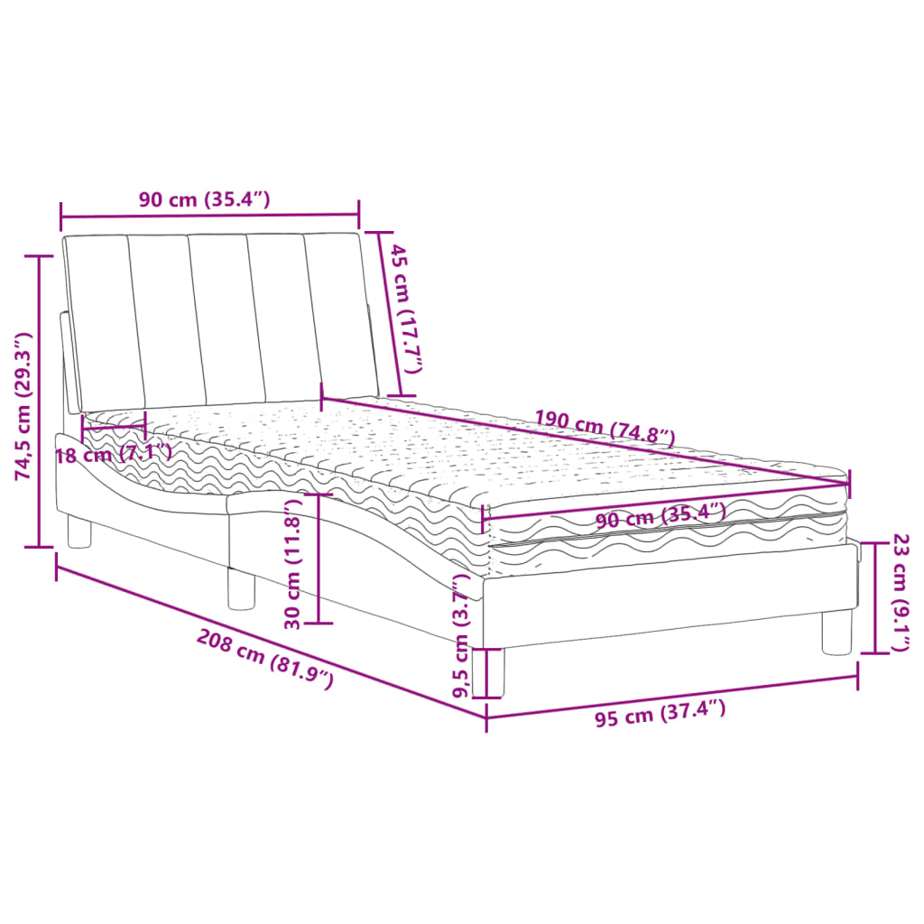 vidaXL Κρεβάτι με Στρώμα Hanko Σκούρο Γκρι 90x190 εκ. Βελούδινο