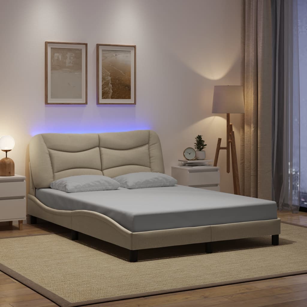 vidaXL Πλαίσιο κρεβατιού με LED χωρίς στρώμα Hvar Κρέμα 140x190 cm Ύφασμα