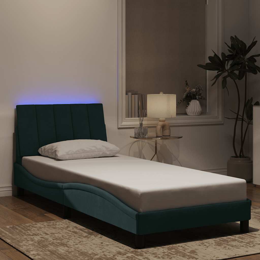 vidaXL Πλαίσιο Κρεβατιού με LED χωρίς Στρώμα Hanko Σκούρο Πράσινο 90x190 εκ. Βελούδινο
