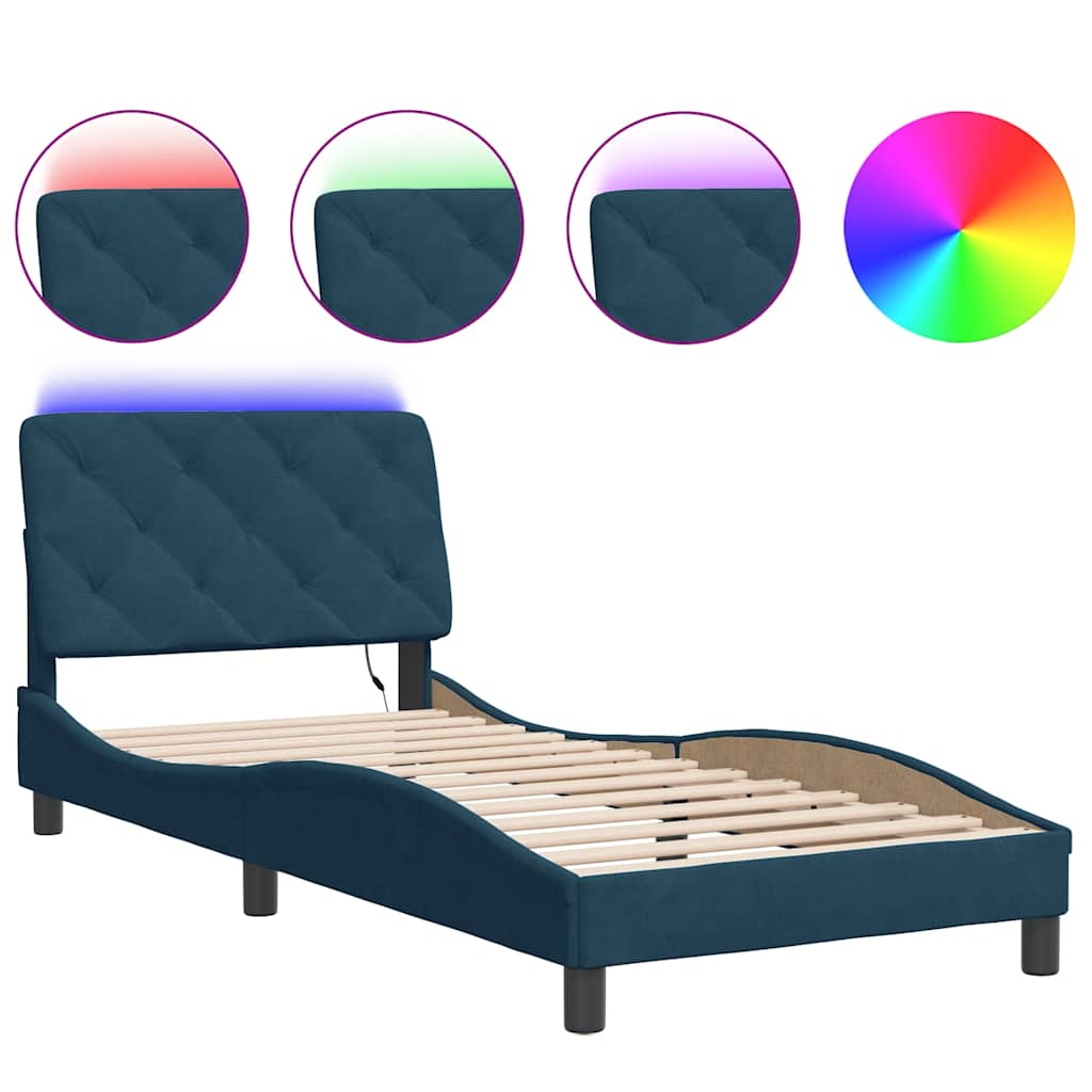 vidaXL Πλαίσιο κρεβατιού με LED χωρίς στρώμα Μπλε 90x190 εκ. Βελούδινο
