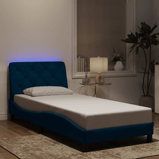 vidaXL Πλαίσιο κρεβατιού με LED χωρίς στρώμα Μπλε 90x200 εκ. Βελούδινο