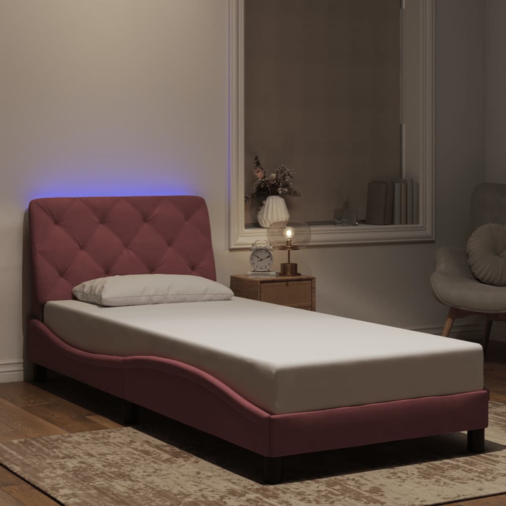 vidaXL Πλαίσιο κρεβατιού με LED χωρίς στρώμα Ροζ 90x200 εκ. Βελούδινο