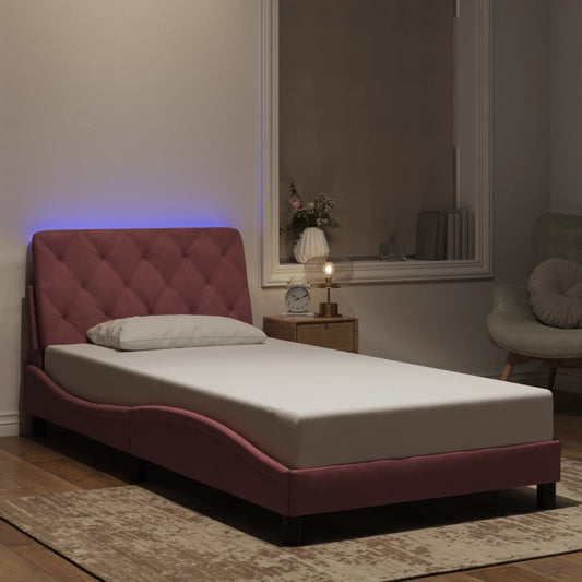 vidaXL Πλαίσιο κρεβατιού με LED χωρίς στρώμα Ροζ 100x200 εκ. Βελούδινο