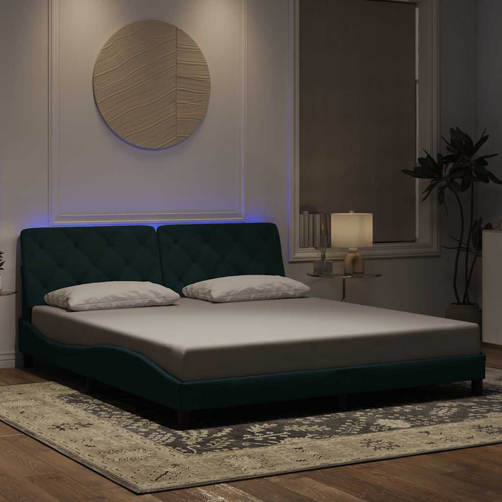 vidaXL Πλαίσιο κρεβατιού με LED χωρίς στρώμα Σκούρο Πράσινο 180x200 εκ. Βελούδινο