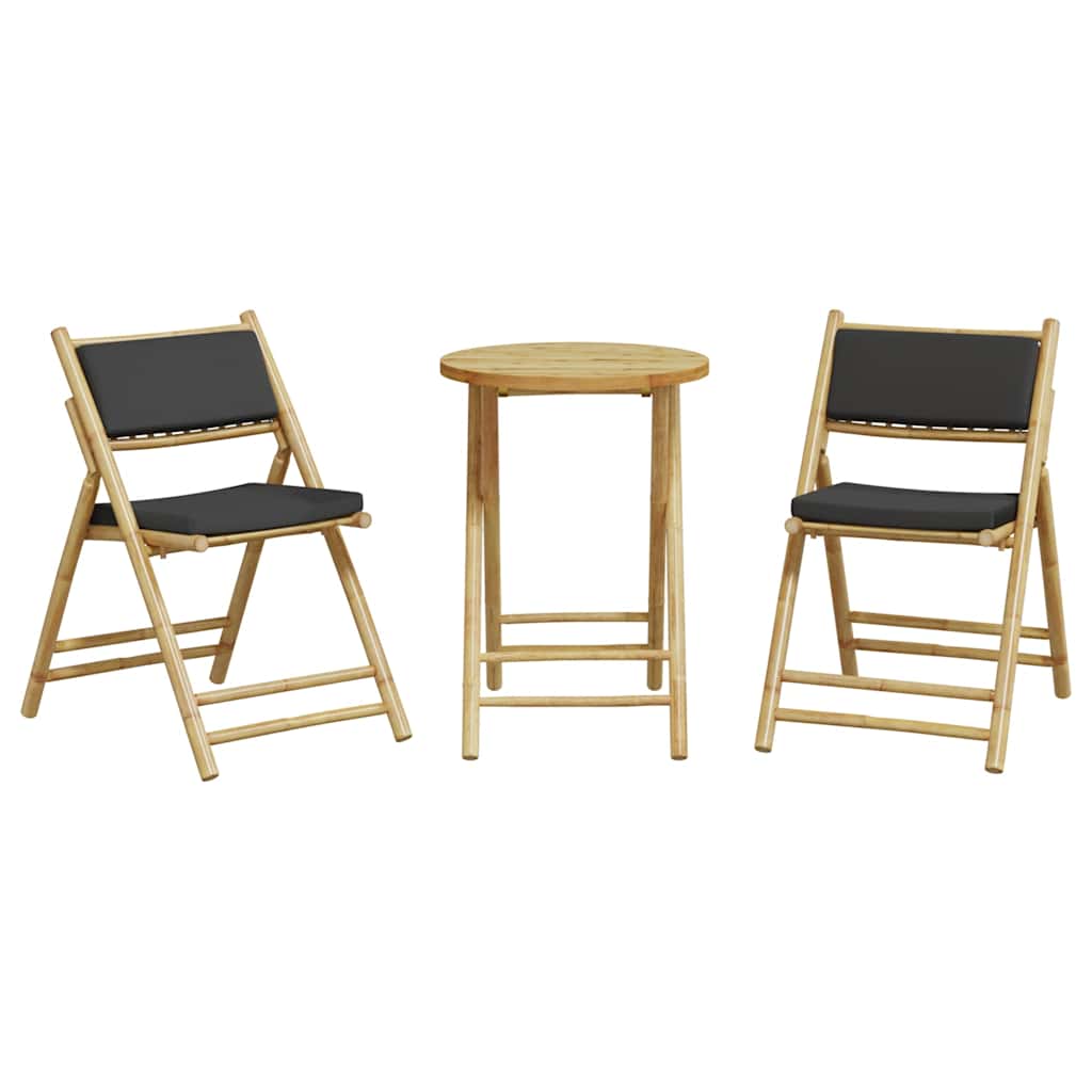 vidaXL Καρέκλες Bistro Πτυσσόμενες 3 τεμ. Μπαμπού με Σκ.Γκρι Μαξιλάρια