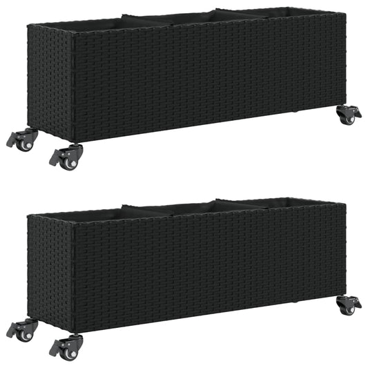vidaXL Ζαρντινιέρα Κήπου με Ρόδες 3 τεμ Μαύρη 107x32x38 εκ. Συνθ Ρατάν