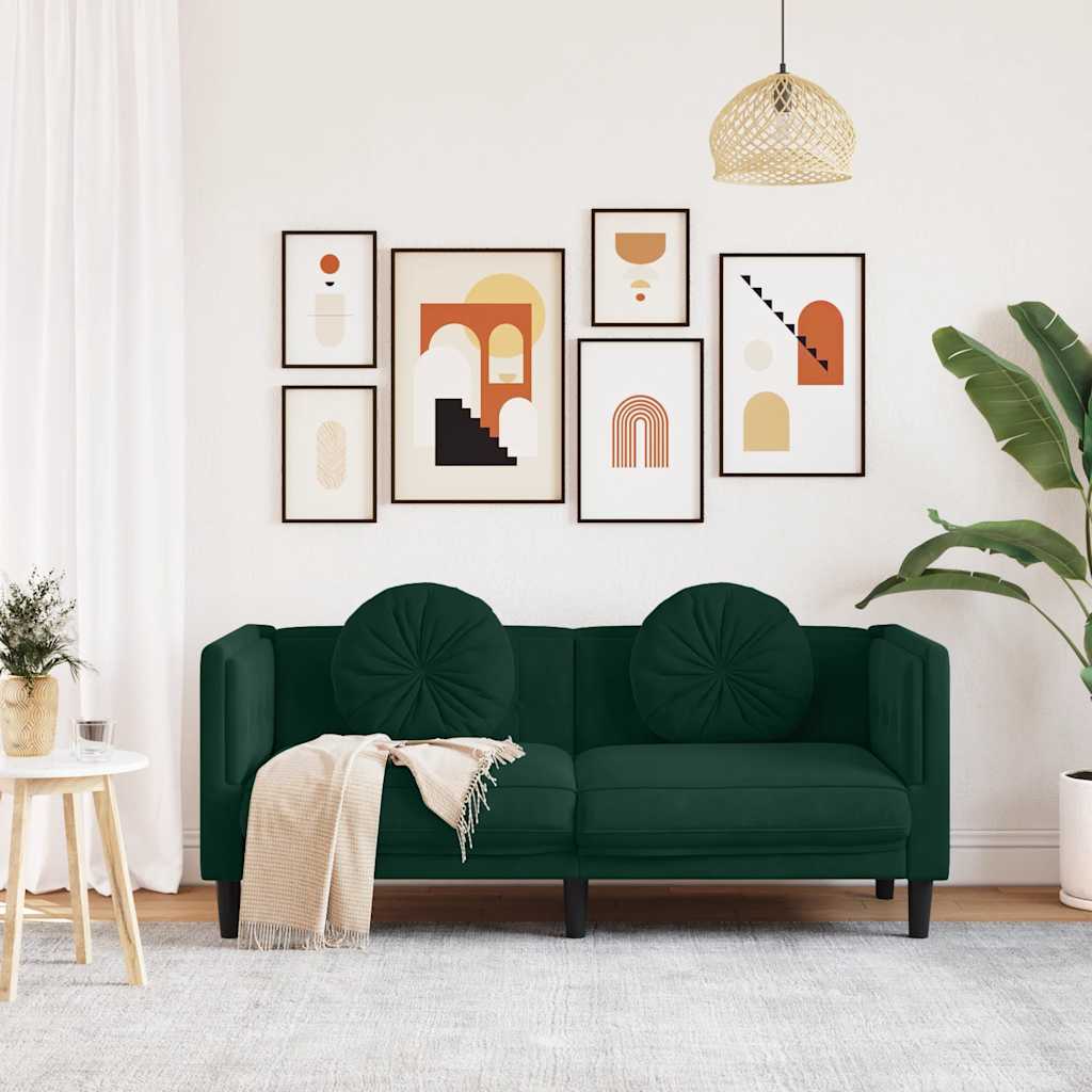 vidaXL Καναπές Διθέσιος Σκούρο Πράσινο από Βελούδο με Μαξιλάρια