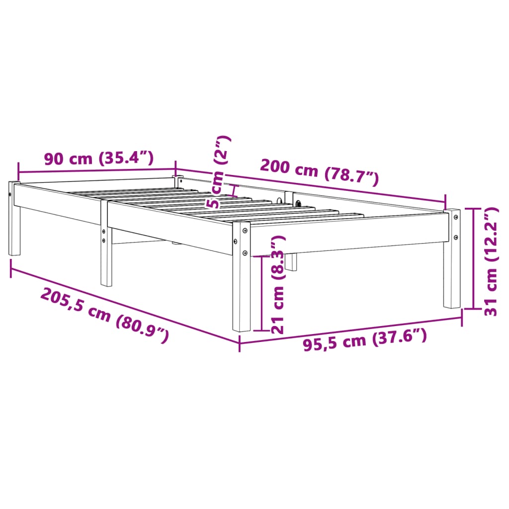 vidaXL Σκελετός Κρεβ. Χωρίς Στρώμα Καφέ Κεριού 90x200 εκ Μασίφ Πεύκο