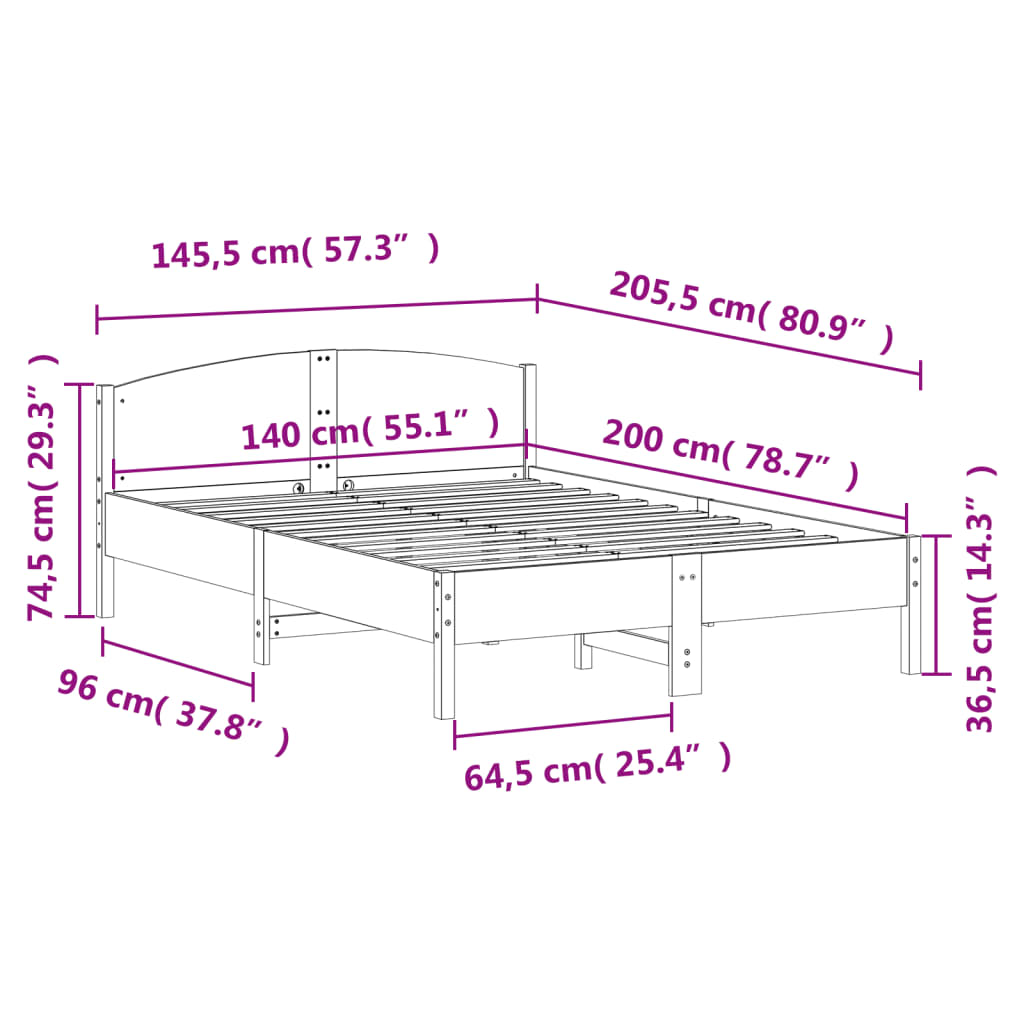 vidaXL Σκελετός Κρεβατιού Χωρίς Στρώμα 140x200 εκ Μασίφ Ξύλο Πεύκου