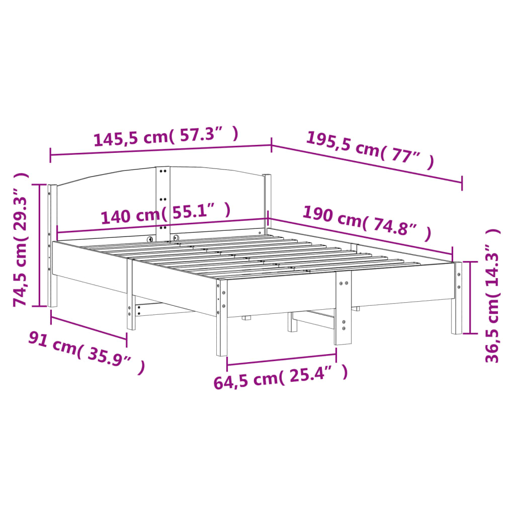 vidaXL Σκελετός Κρεβατιού Χωρίς Στρώμα Καφέ 140x190 Μασίφ Ξύλο Πεύκου