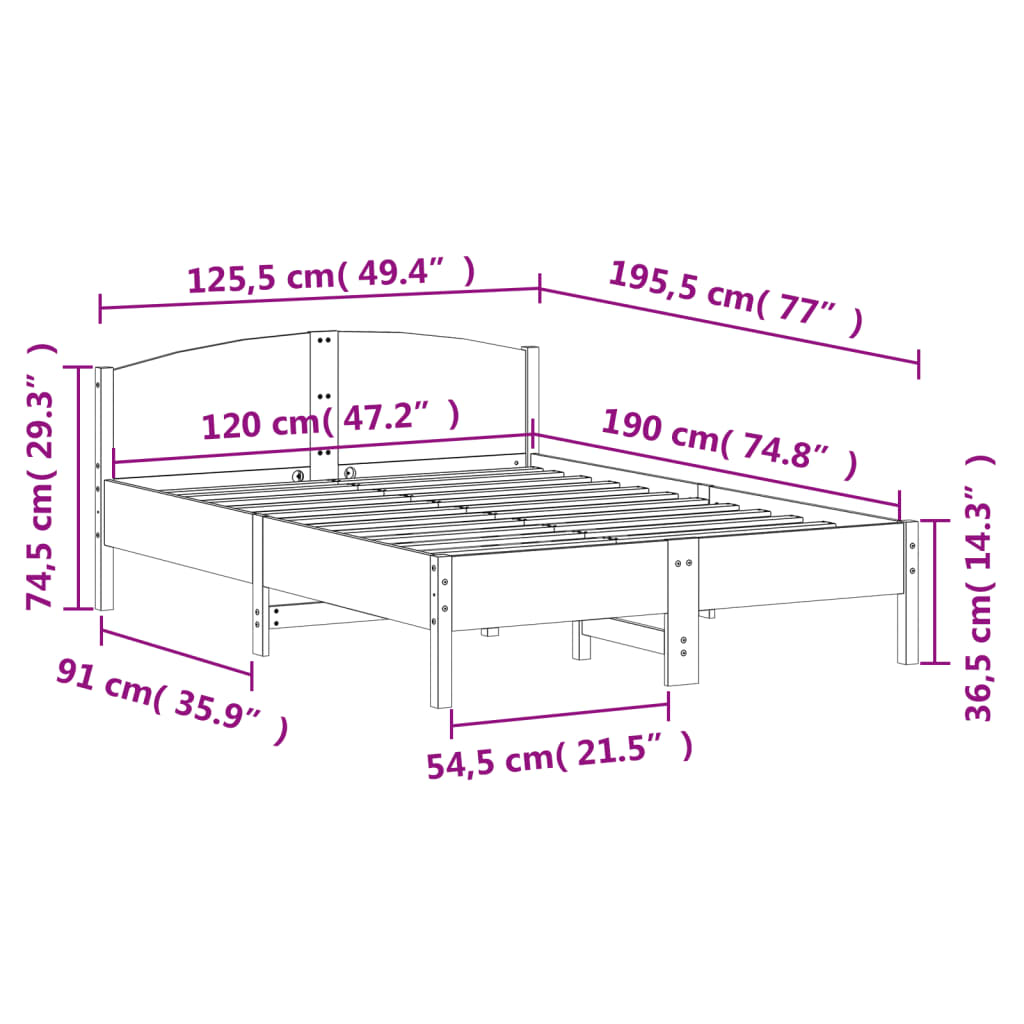 vidaXL Σκελετός Κρεβατιού Χωρίς Στρώμα 120x190 εκ Μασίφ Ξύλο Πεύκου