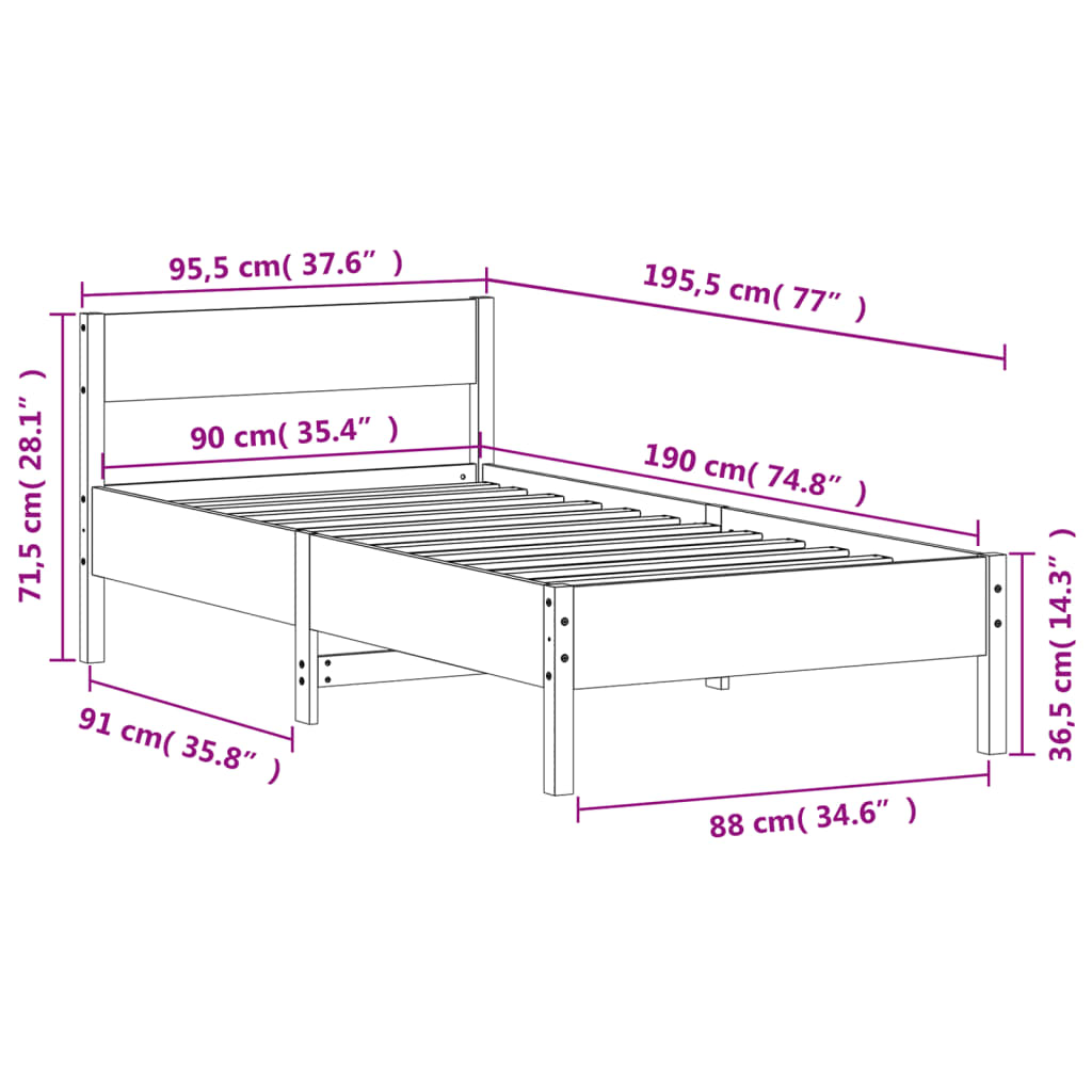 vidaXL Σκελετός Κρεβ. Χωρίς Στρώμα Καφέ Κεριού 90x190 εκ Μασίφ Πεύκο