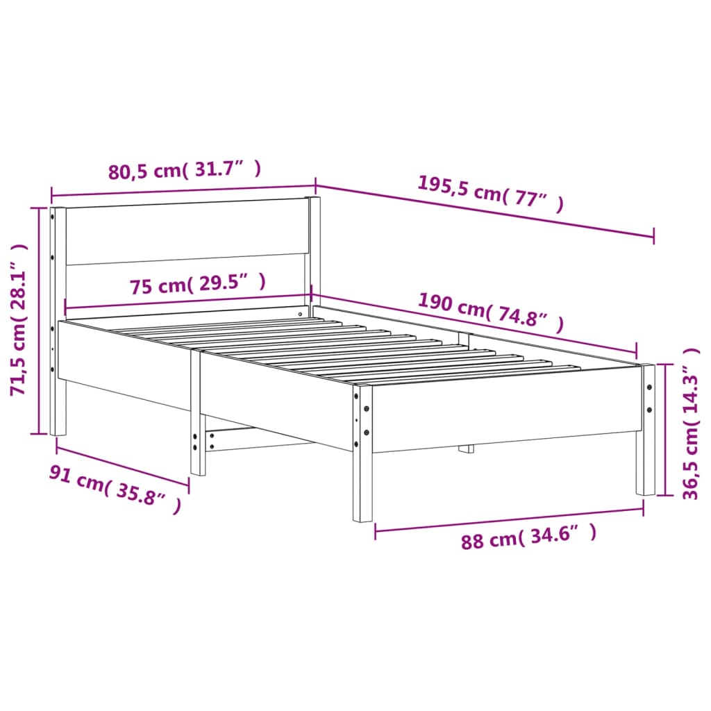 vidaXL Σκελετός Κρεβατιού Χωρίς Στρώμα 75x190 εκ Μασίφ Ξύλο Πεύκου