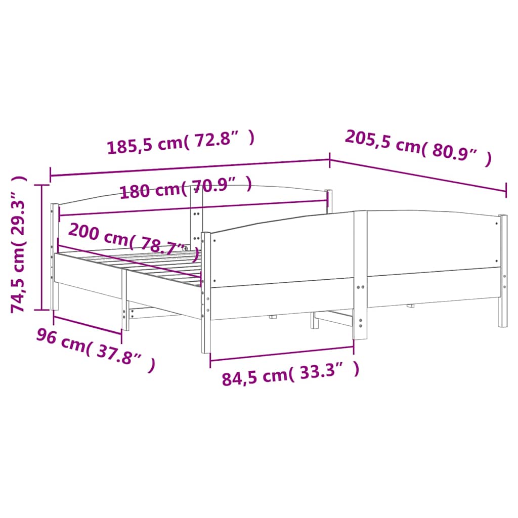 vidaXL Σκελετός Κρεβατιού Χωρίς Στρώμα 180x200 εκ Μασίφ Ξύλο Πεύκου