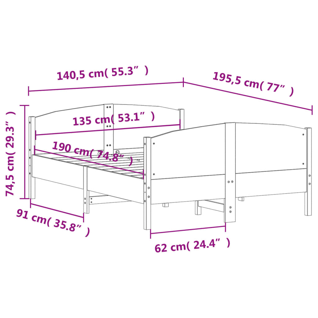 vidaXL Σκελετός Κρεβατιού Χωρίς Στρώμα 135x190 εκ Μασίφ Ξύλο Πεύκου