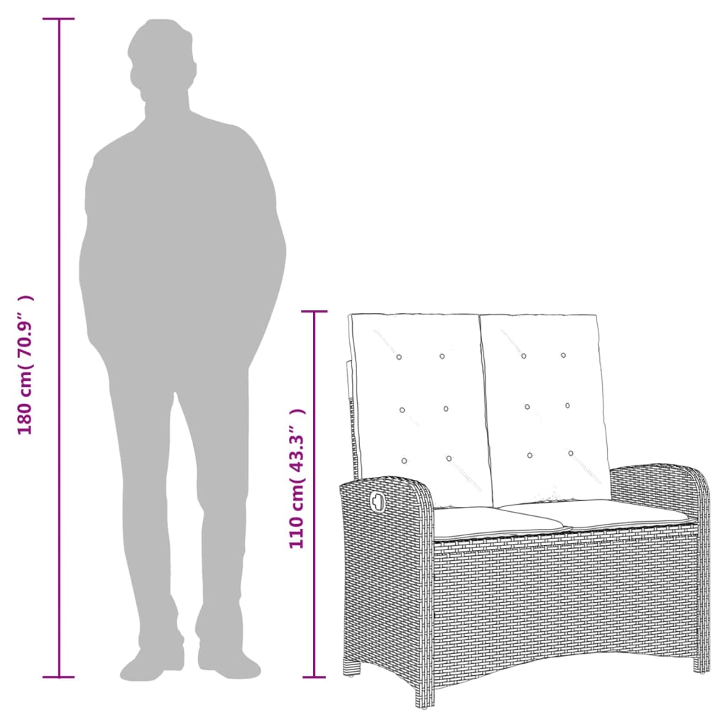 vidaXL Πάγκος Κήπου Ανακλινόμενος Μαύρος Συνθετικό Ρατάν με Μαξιλάρια