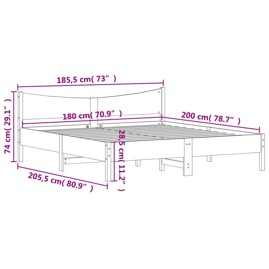 vidaXL Σκελετός Κρεβατιού Χωρίς Στρώμα 180x200 εκ Μασίφ Ξύλο Πεύκου