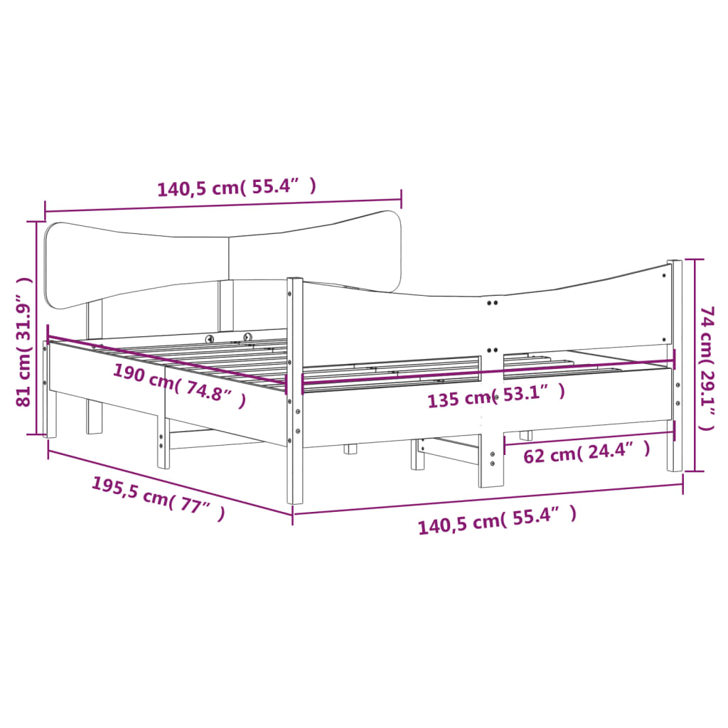 vidaXL Σκελετός Κρεβ. Χωρίς Στρώμα Καφέ Κεριού 135x190 εκ Μασίφ Πεύκο