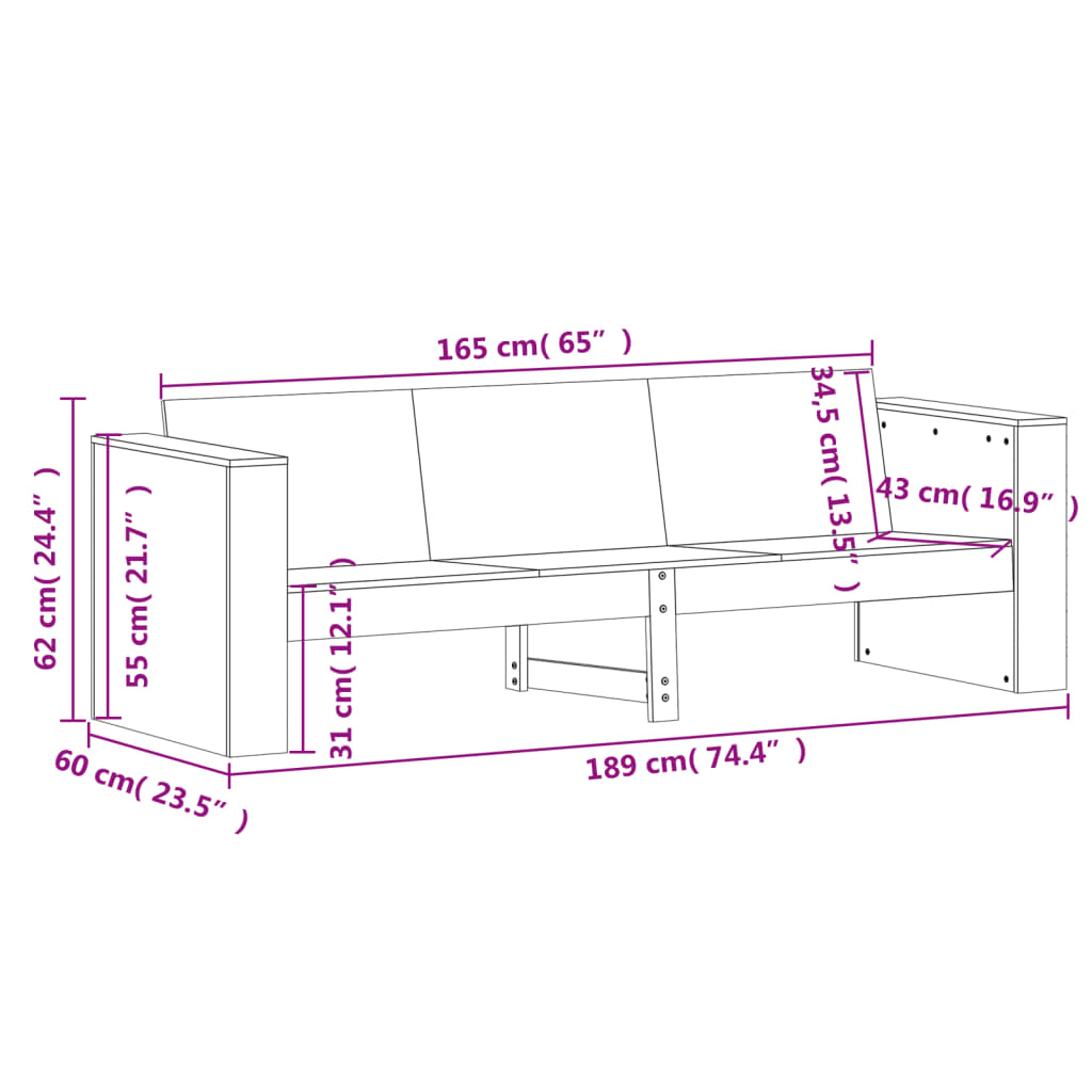 vidaXL Καναπές Κήπου Τριθέσιος Λευκός 189x60x62 εκ. Μασίφ Ξύλο Πεύκου