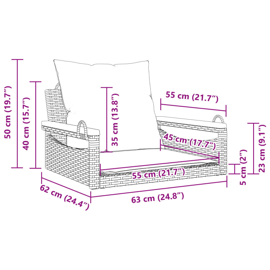 vidaXL Παγκάκι Κούνια Γκρι 63x62x40 εκ. Συνθετικό Ρατάν με Μαξιλάρια