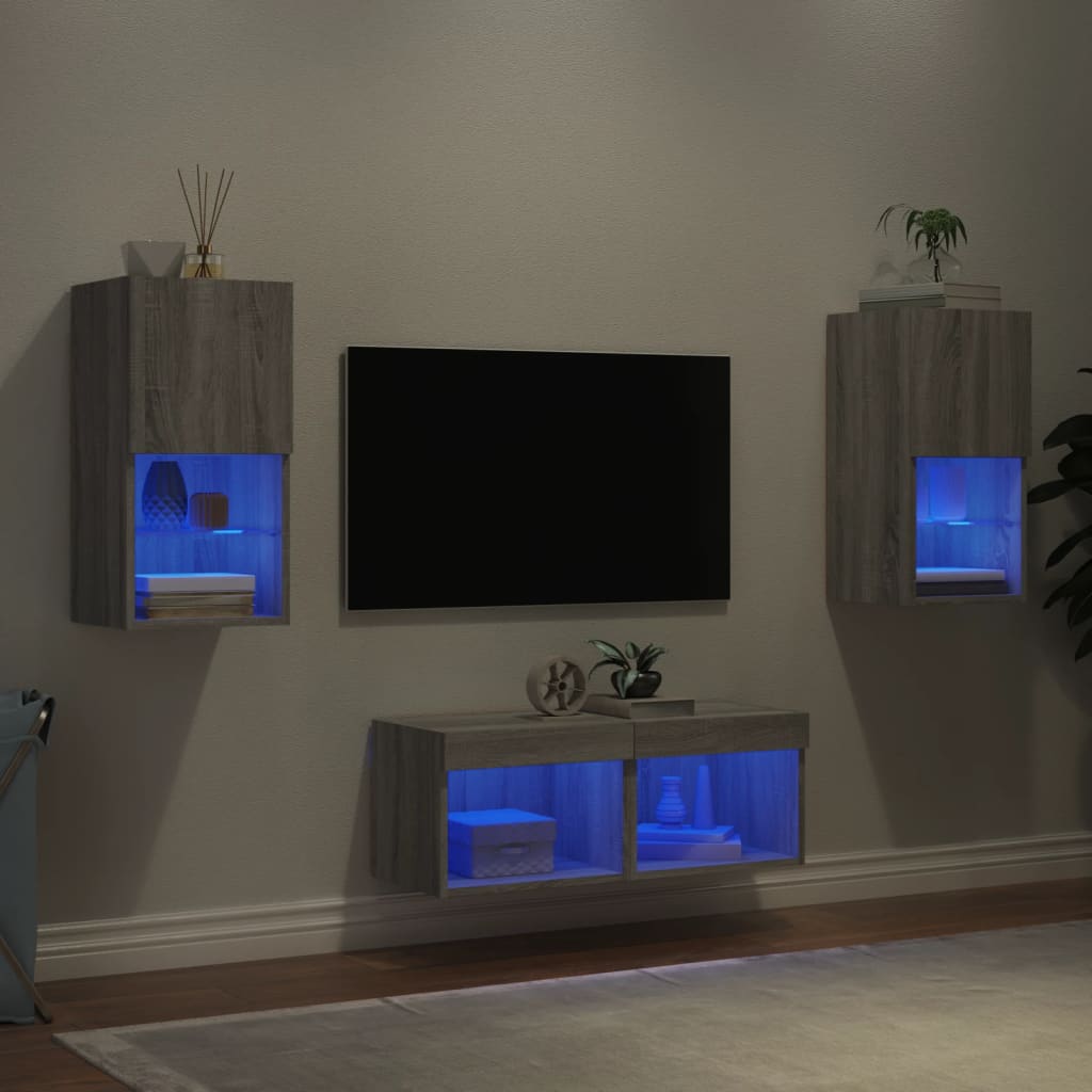 vidaXL Ντουλάπια Τηλεόρασης Τοίχου 4 Τεμ. με Φώτα LED Γκρι Sonoma