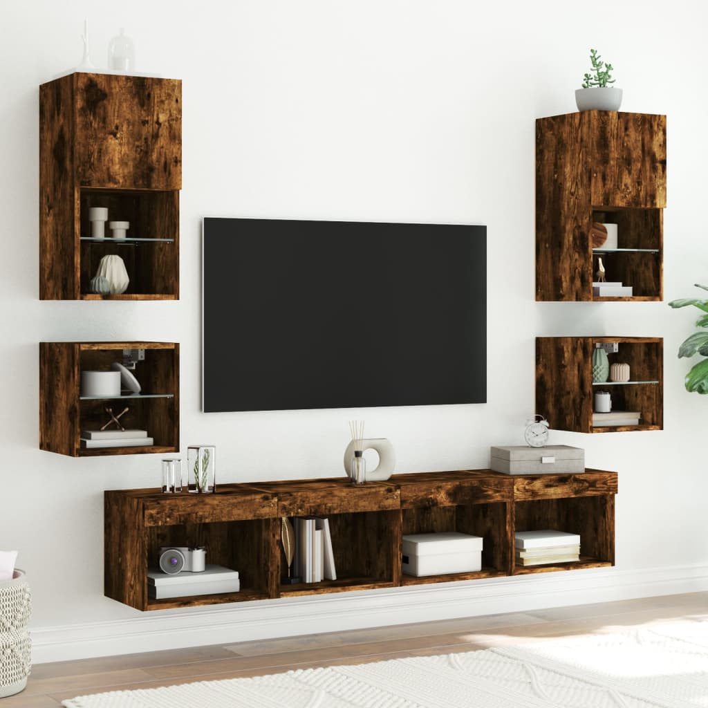 vidaXL Έπιπλα Τοίχου Τηλεόρασης 8 τεμ LED Καπνιστή Δρυς από Επεξ. Ξύλο