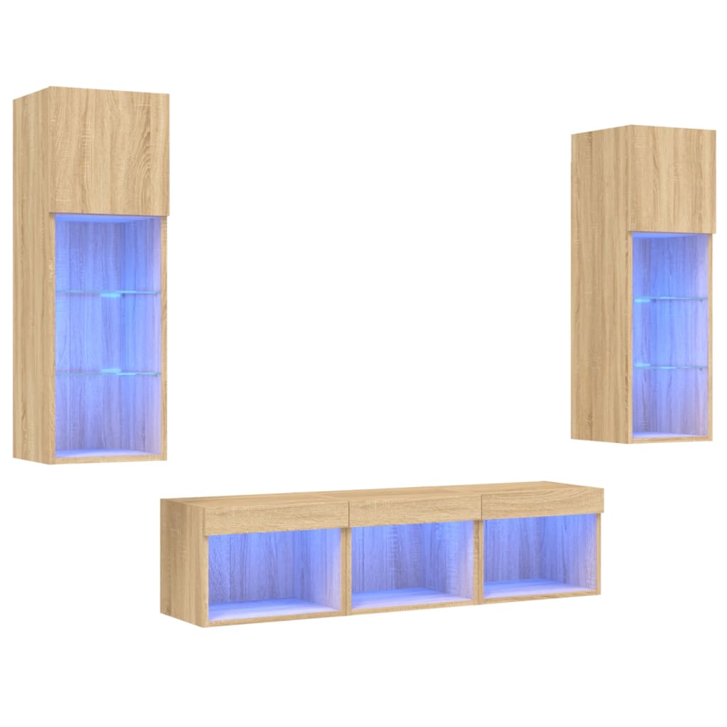 vidaXL Έπιπλα Τοίχου Τηλεόρασης 5 τεμ. LED Sonoma Δρυς από Επεξ. Ξύλο
