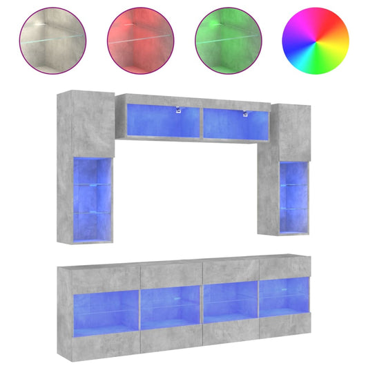 vidaXL Ντουλάπια Τηλεόρασης Τοίχου 6 τεμ. Φώτα LED Γκρι Σκυροδέματος