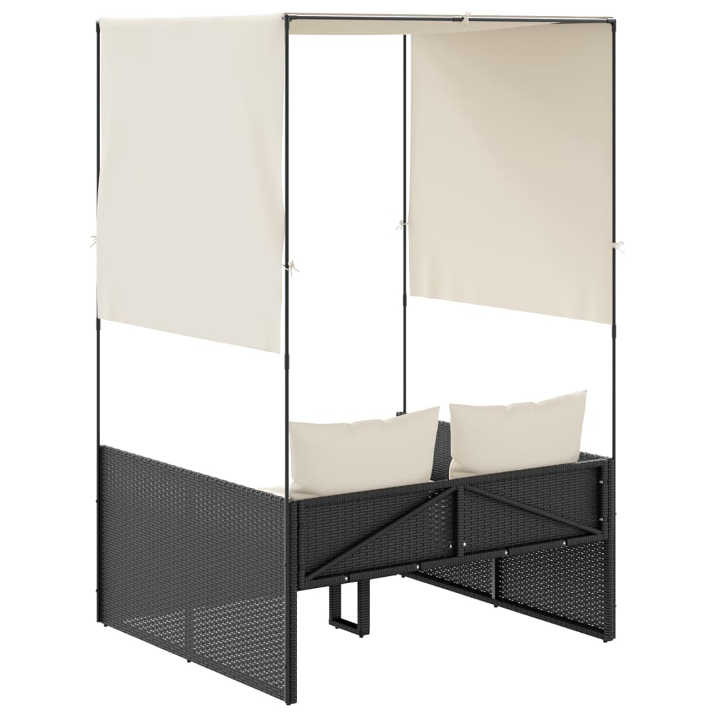 vidaXL Ξαπλώστρα Διπλή Μαύρη από Συνθετικό Ρατάν με Οροφή / Κουρτίνες