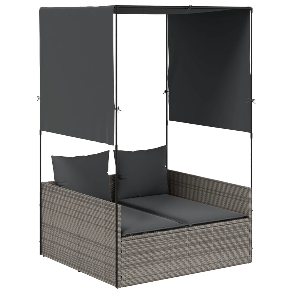 vidaXL Ξαπλώστρα Διπλή Γκρι από Συνθετικό Ρατάν με Οροφή / Κουρτίνες