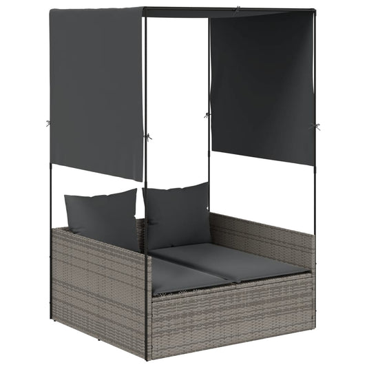 vidaXL Ξαπλώστρα Διπλή Γκρι από Συνθετικό Ρατάν με Οροφή / Κουρτίνες