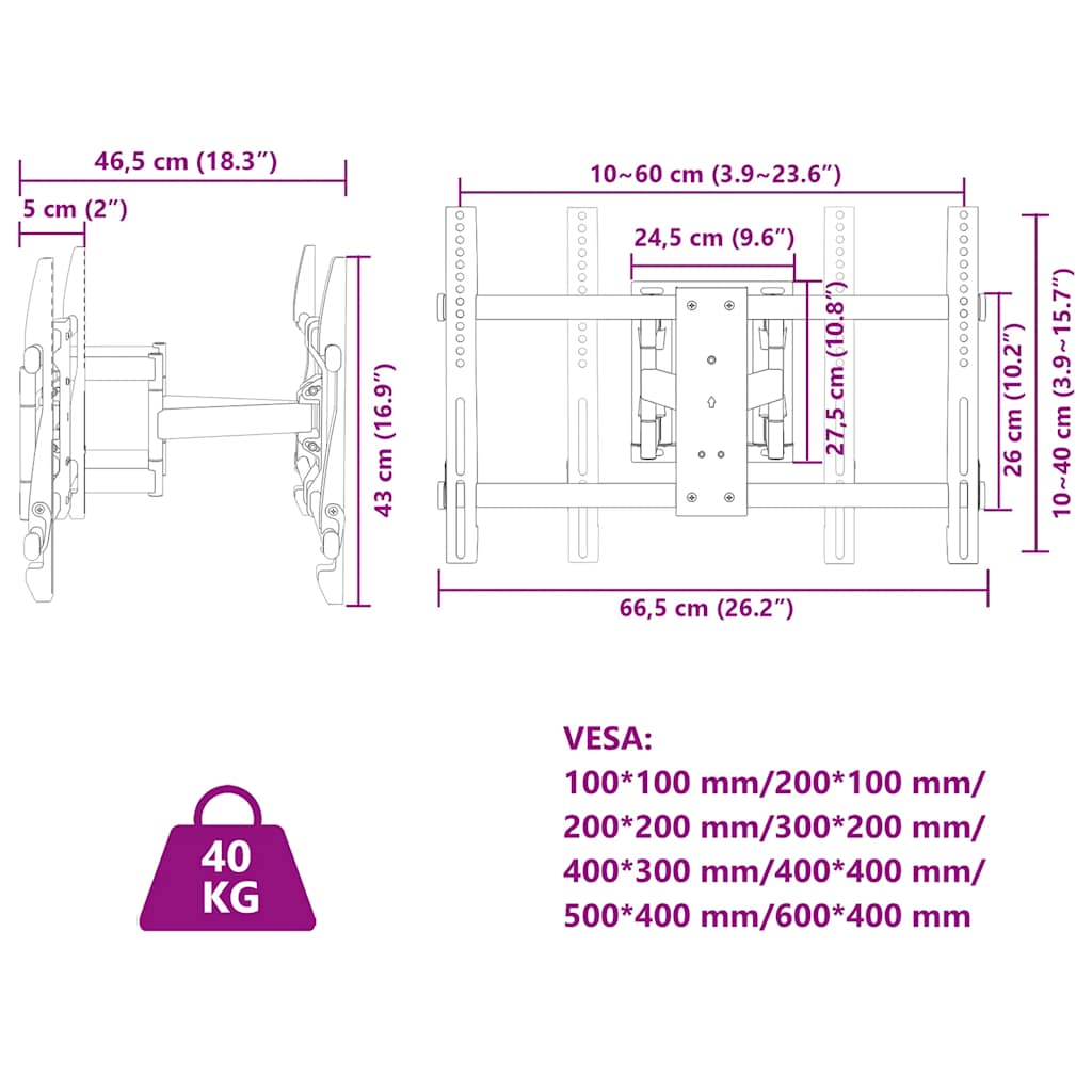 vidaXL Βάση Τηλεόρασης Επιτοίχια για 37-80Ιν Max VESA 600x400χιλ. 40κ.