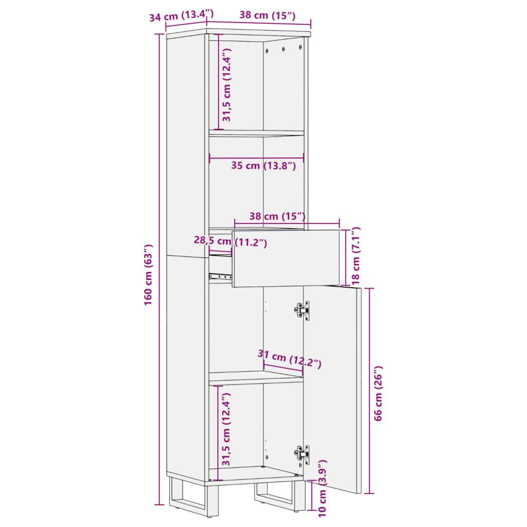 vidaXL Ντουλάπι 38 x 34 x 160 εκ. από Μασίφ Ακατέργαστο Ξύλο Μάνγκο