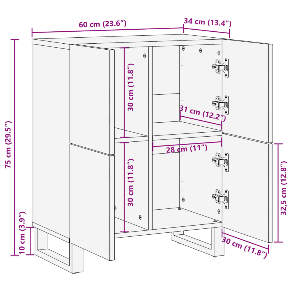 vidaXL Ντουλάπι 60 x 34 x 75 εκ. από Μασίφ Ξύλο Μάνγκο