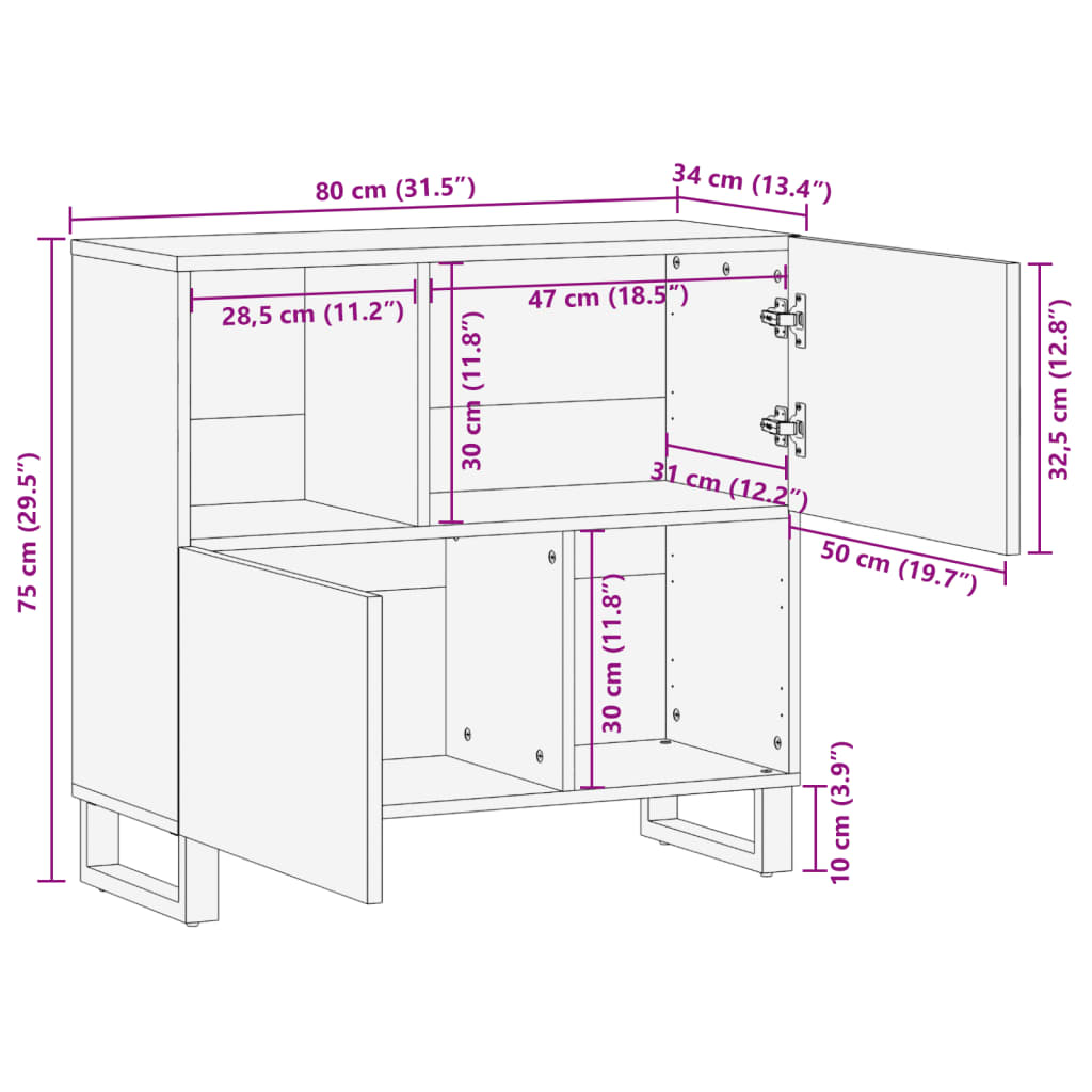 vidaXL Ντουλάπι 80x34x75 εκ. από Μασίφ Ξύλο Μάνγκο