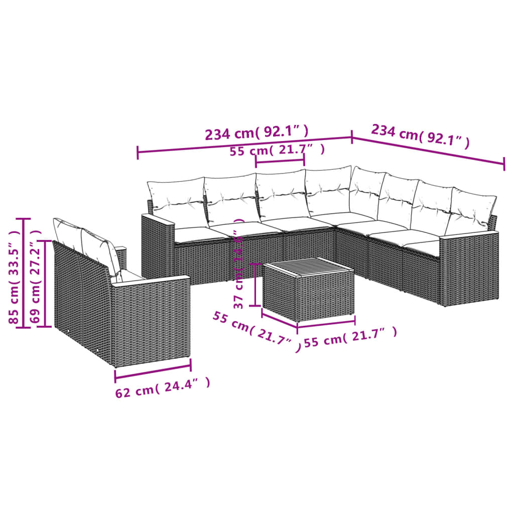 vidaXL Σετ Καναπέδων Κήπου 10 Τεμαχίων με Μαξιλάρια από Μαύρο Συνθετικό Ρατάν