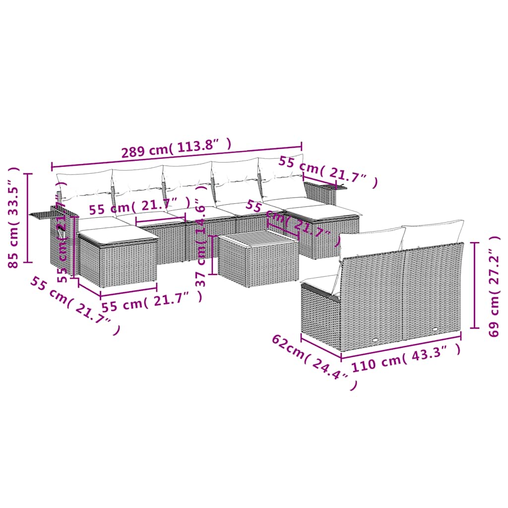 vidaXL Σετ Καναπέδων Κήπου 10 Τεμαχίων με Μαξιλάρια Γκρι από Συνθετικό Ρατάν