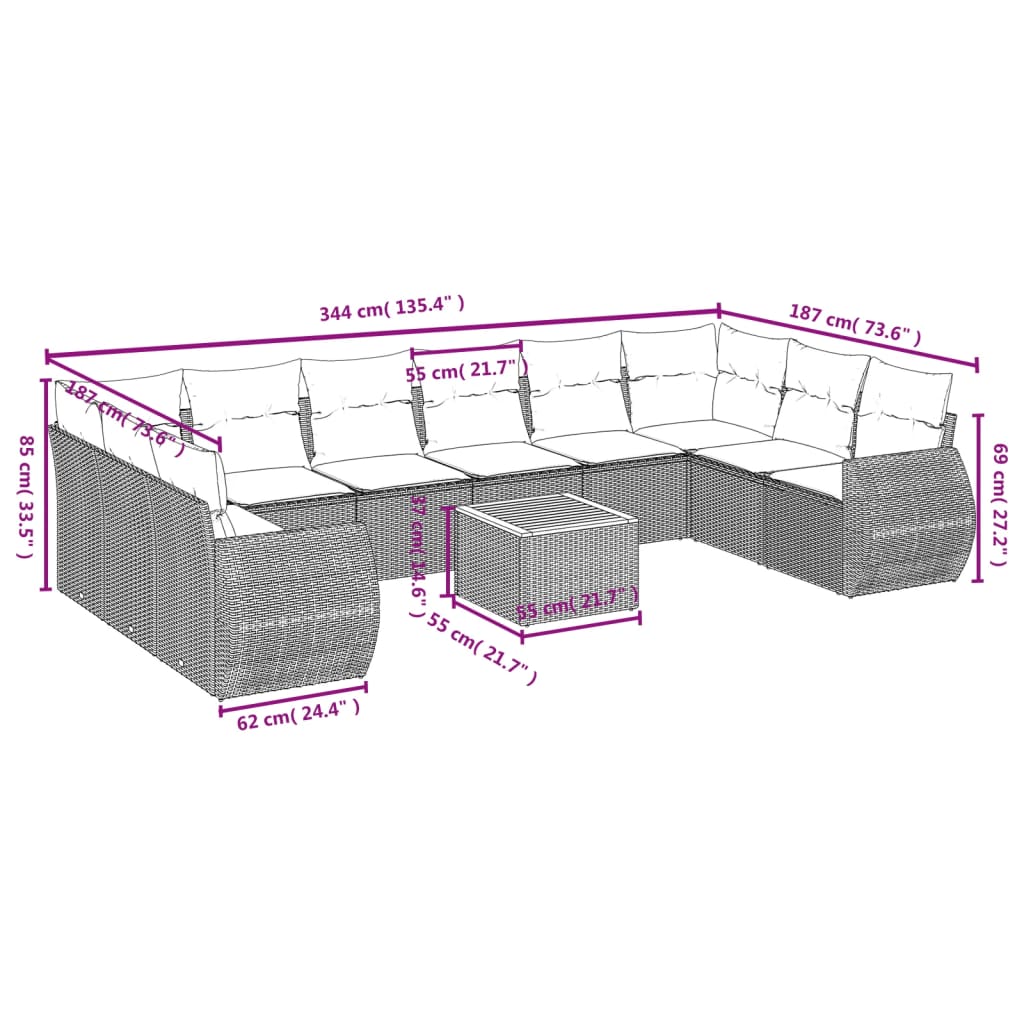 vidaXL Σαλόνι Κήπου Σετ 11 τεμ. Μπεζ Συνθετικό Ρατάν με Μαξιλάρια