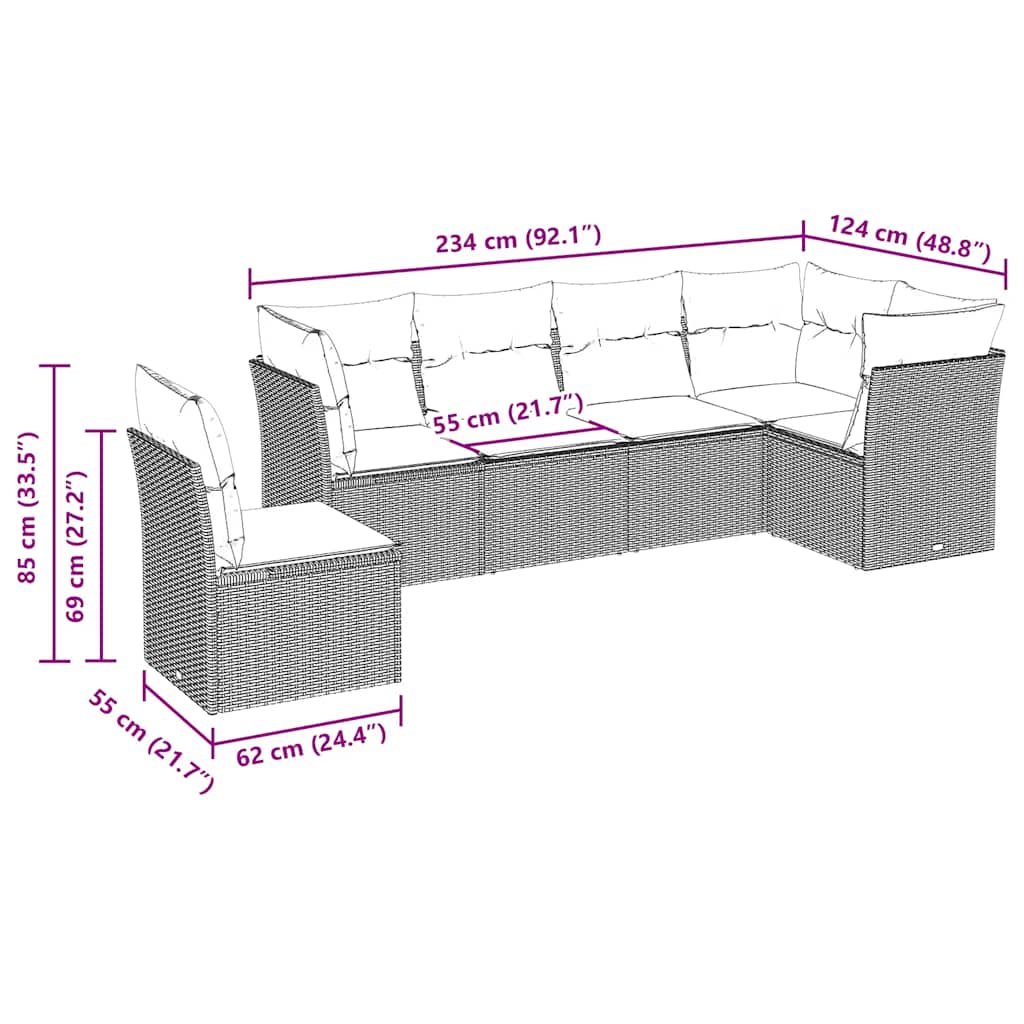 vidaXL Καναπές Κήπου 6 Τεμαχίων Μαύρο από Συνθετικό Ρατάν με Μαξιλάρια