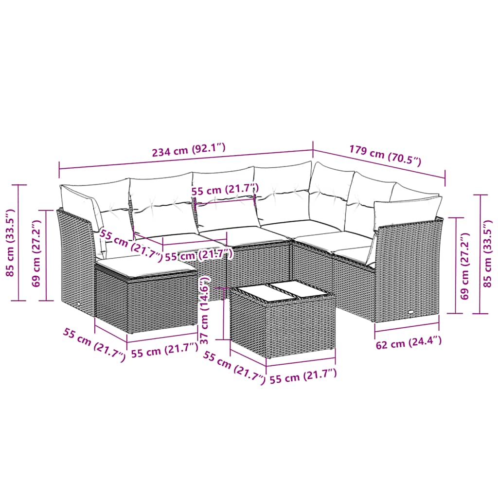 vidaXL Σαλόνι Κήπου Σετ 8 Τεμαχίων Γκρι Συνθετικό Ρατάν με Μαξιλάρια