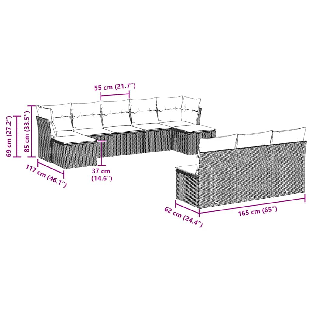 vidaXL Σαλόνι Κήπου 10 Τεμαχίων Αν. Γκρι Συνθετικό Ρατάν με Μαξιλάρια