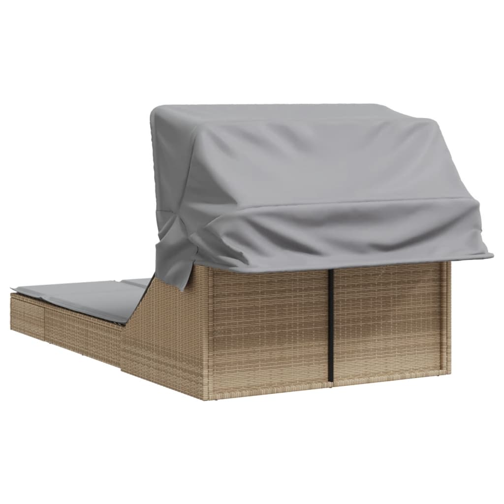 vidaXL Ξαπλώστρα Διπλή Μπεζ Συνθετικό Ρατάν με Σκίαστρο και Μαξιλάρια