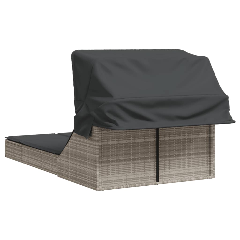 vidaXL Ξαπλώστρα Διπλή Αν. Γκρι Συνθετικό Ρατάν Σκίαστρο και Μαξιλάρια