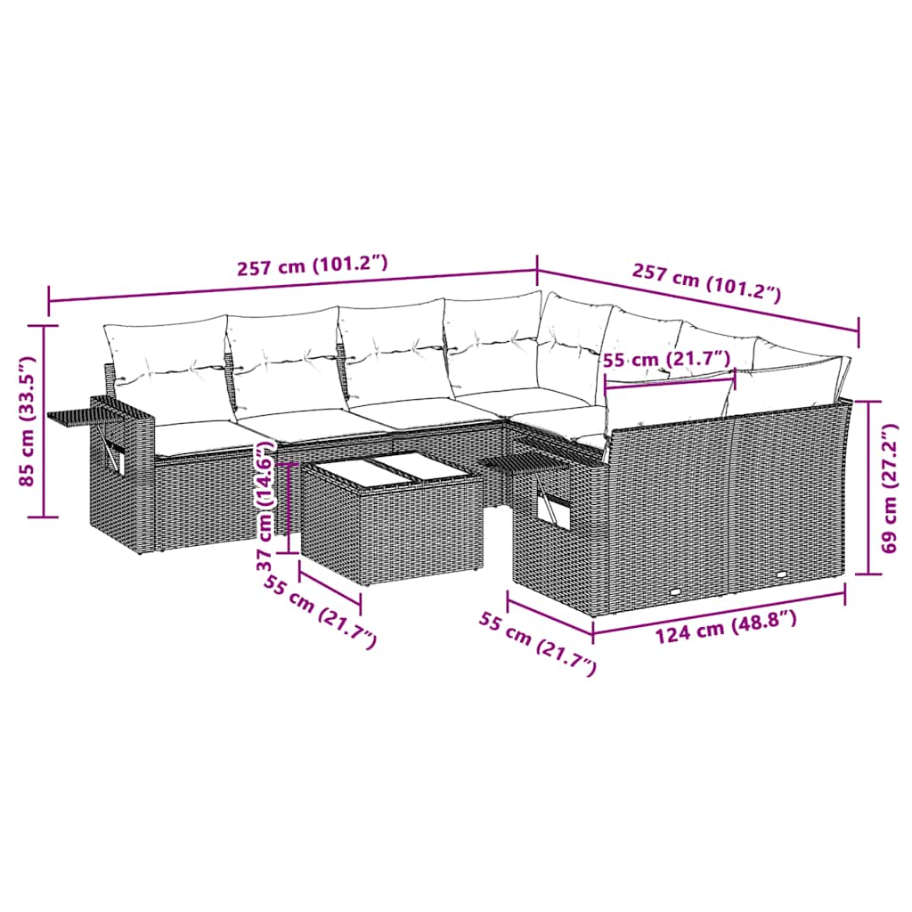 vidaXL Σαλόνι Κήπου Σετ 9 Τεμαχίων Γκρι Συνθετικό Ρατάν με Μαξιλάρια