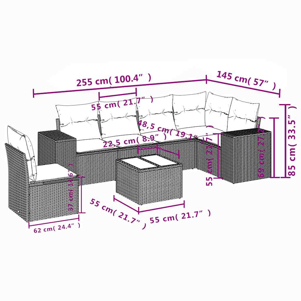 vidaXL Σετ Καναπέδων Κήπου 7 Τεμαχίων με Μαξιλάρια από Μαύρο Συνθετικό Ρατάν