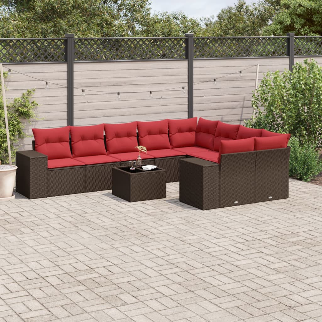 vidaXL Σετ Καναπέδων Κήπου 10 Τεμαχίων με Μαξιλάρια από Καφέ Συνθετικό Ρατάν