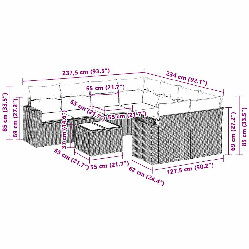 vidaXL Σαλόνι Κήπου Σετ 3 Τεμαχίων Γκρι Συνθετικό Ρατάν με Μαξιλάρια