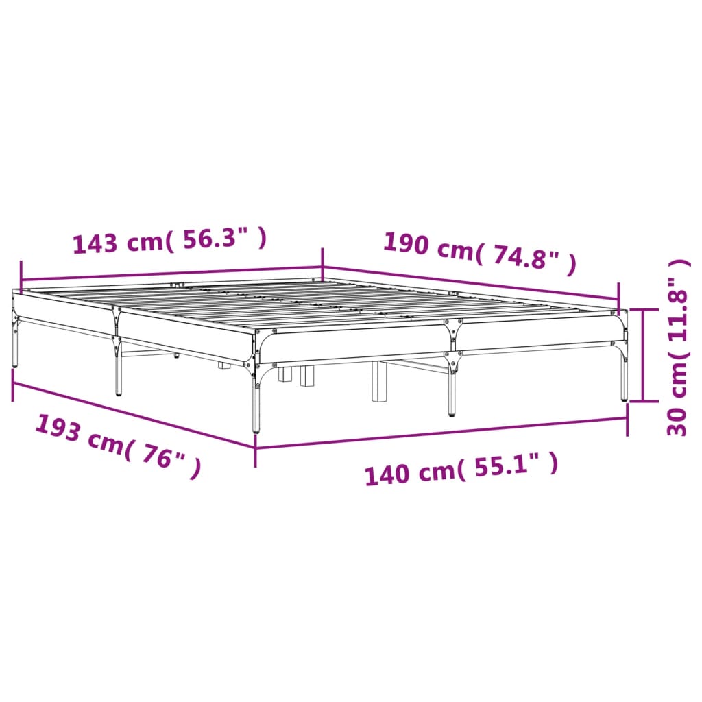 vidaXL Πλαίσιο Κρεβατιού Sonoma Δρυς 140x190 εκ. Επεξ. Ξύλο & Μέταλλο