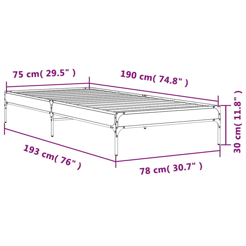 vidaXL Πλαίσιο Κρεβατιού Καφέ Δρυς 75x190 εκ. Επεξ. Ξύλο & Μέταλλο